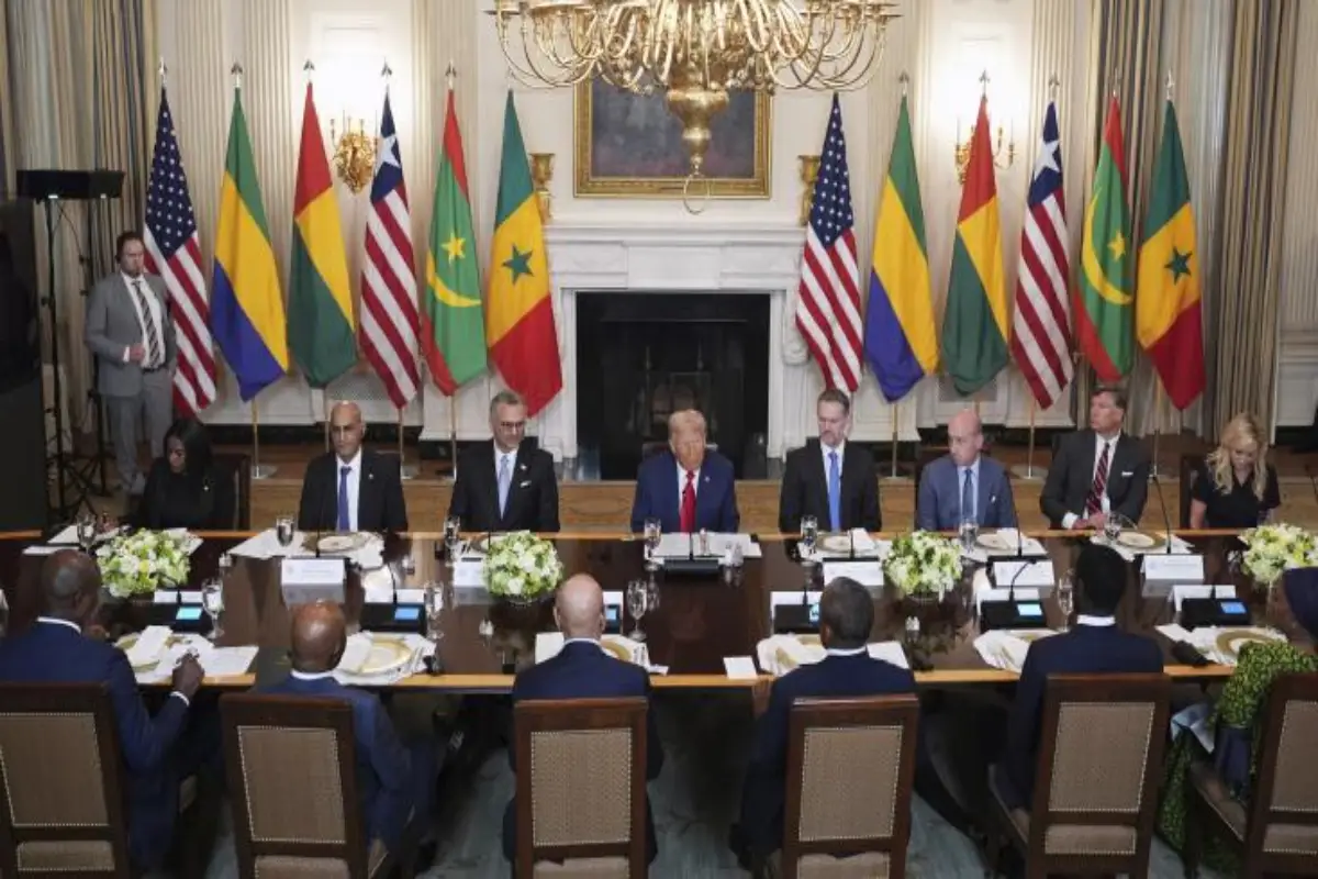 Droits de douane américains : l’Afrique dans la ligne de choc Réunion officielle entre Donald Trump et des dirigeants africains à la Maison-Blanche, avec les drapeaux des États-Unis et de plusieurs pays africains en arrière-plan.